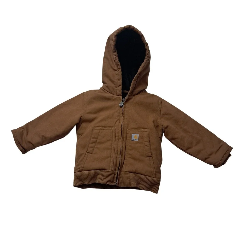 Carhartt Canvas Hooded Jacket Baby 12M Brown Duck Workwear Coat Rugged Winter